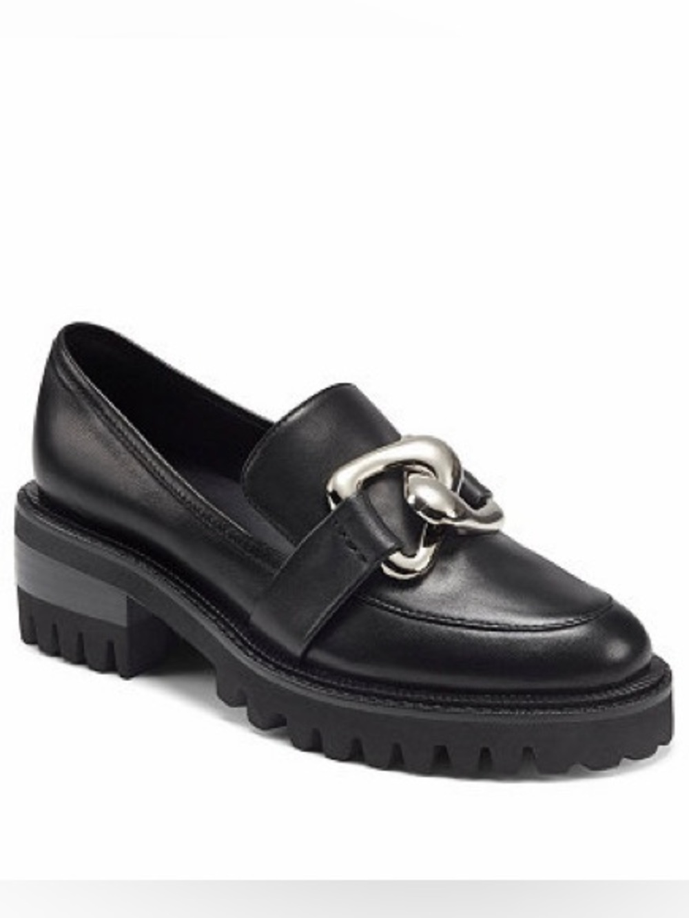 AEROSOLES Lilia Dress Heel Loafer Black Leather Lug Sole Silver Chain Size 9
